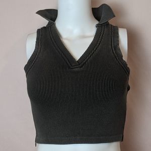 Maniere De Voir Ribbed Polo Crop Top